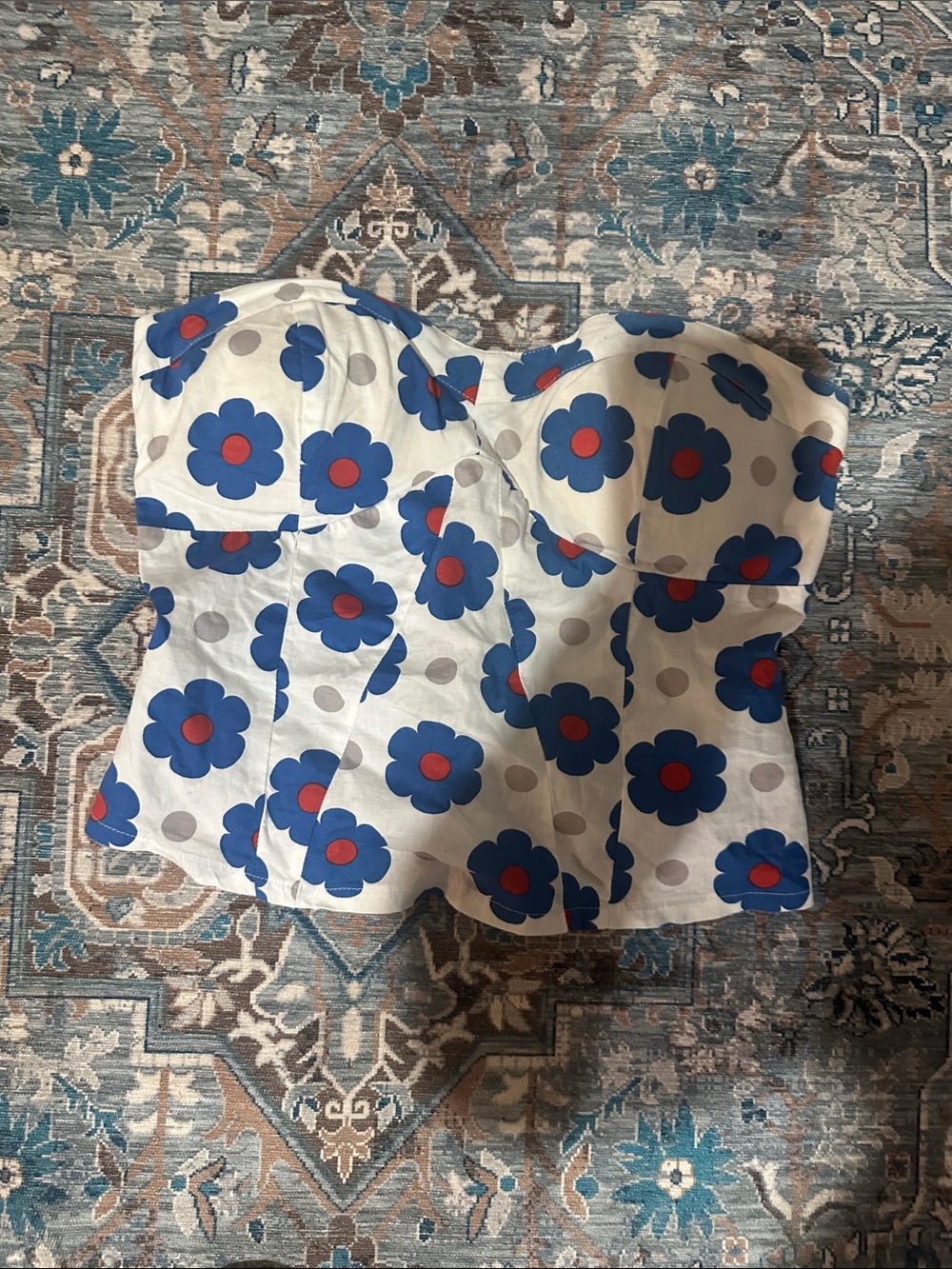 Wet Seal White Bustier Crop Top with Blue & Red Floral Print